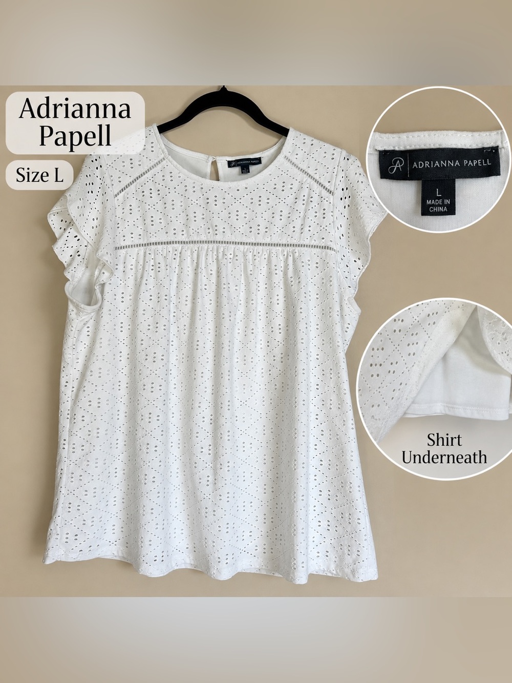 Adrianna Papell Women’s White Eyelet Ruffle Sleeve Blouse – L